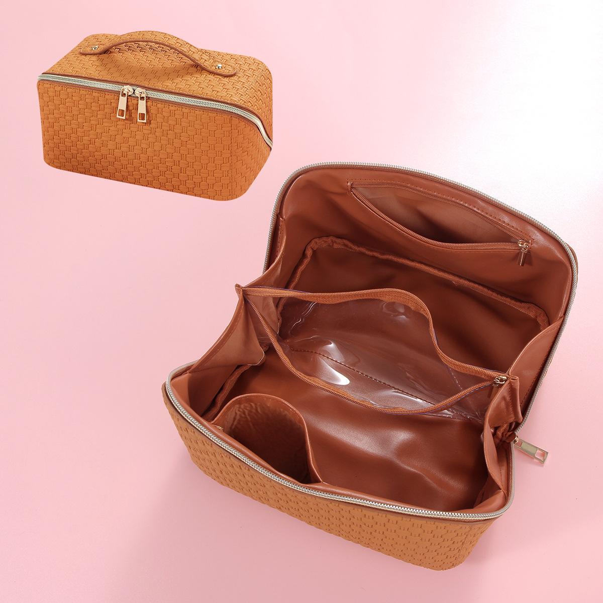 

Portable With Woven Rattan Solid Color Makeup Pouch Large Capacity Wash Bag StyleA