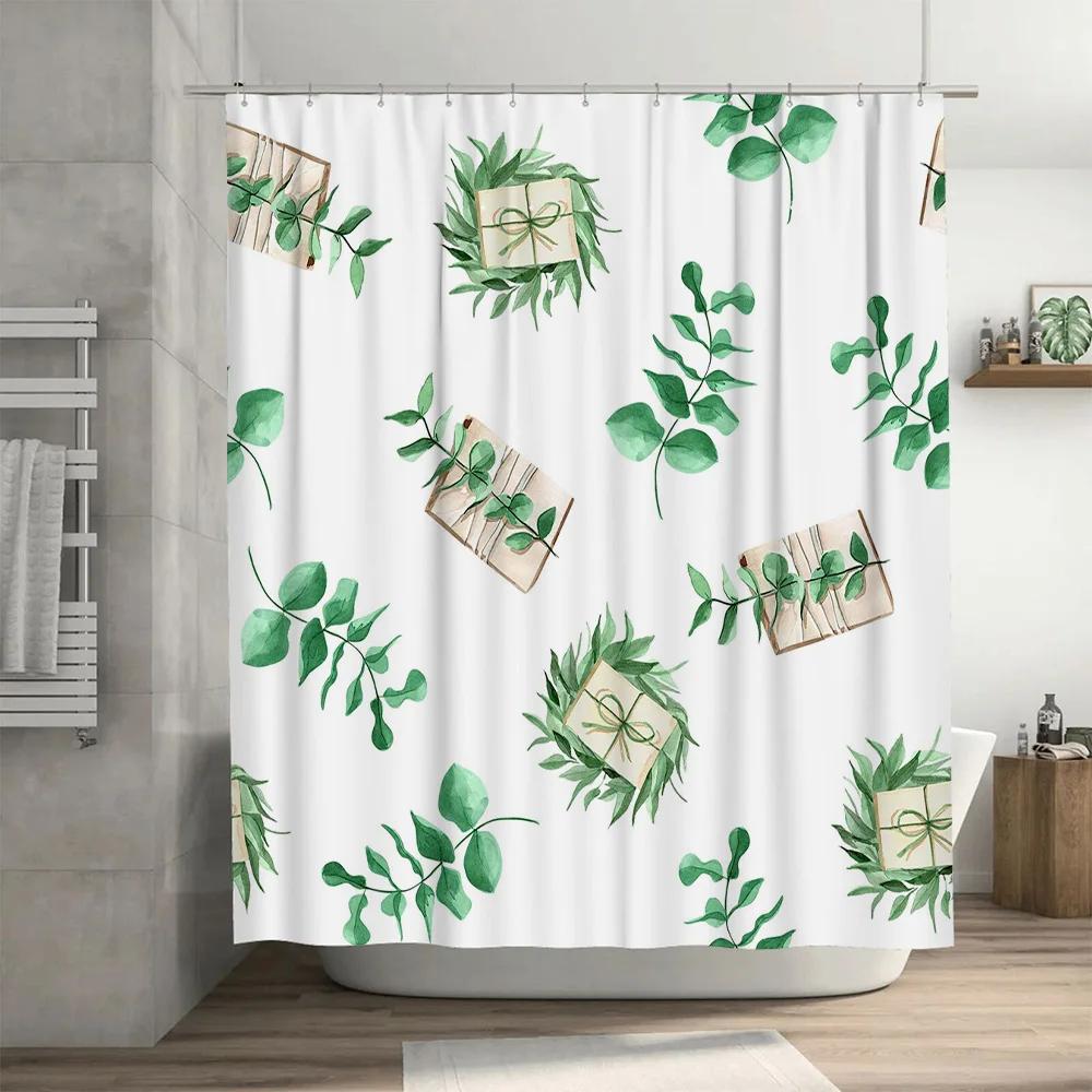Green Leaves Books Shower Curtain Waterproof Home Decor Fabric Bathroom Wall Hanging White 3D Printing Customizable Size Avail
