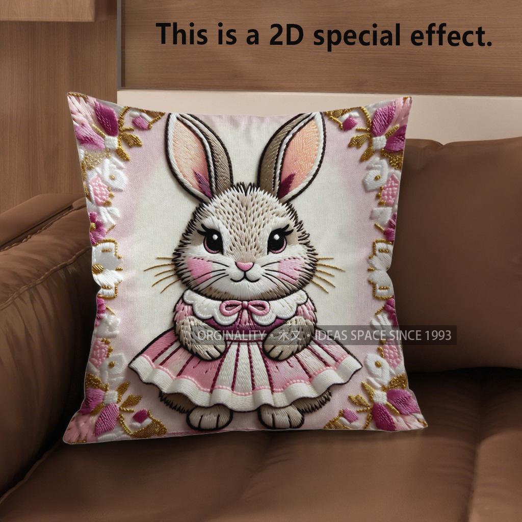 2D Cute Bunny-Patterned Decorative Pillow Covers Pattern Cushion Cover Suitable For Sofa Bedroom Car Pillow Cover