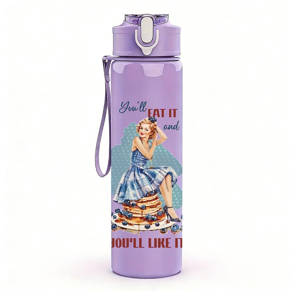 1PC Retro Vintage Lady Art Pattern 750ml Color Plastic Sports Water Bottle Leakproof Flip Straw Lid Suitable for Sports Office Home Use