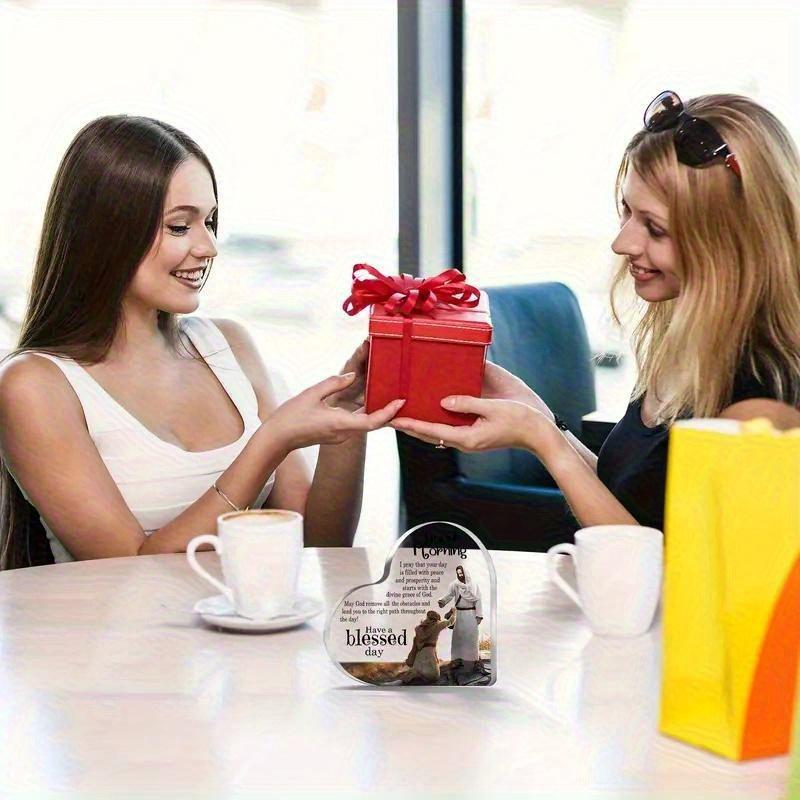 2D Platt, "God Morgon Välsignelse" Akryl Hjärtformad Kristet Gåva Skrivbordsdekoration Plakett, Lämplig för väggdekoration, veranda, rum, villa, acce