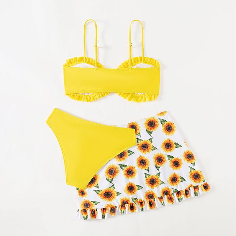 2025 Girls' Solid Color Flounce Bikini Set with Mesh Skirt