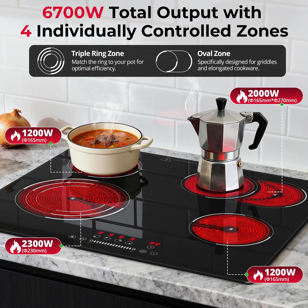 60 cm Glass Ceramic Hob 4 Plates, 4 Hobs with Oval Zone and Tri-Circle Zone, 6700 W Hob 4 Plates 59 Cm, 9 Heat Settings, Touch