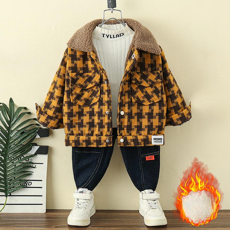

Флисовое пальто для мальчиков, осеннее и зимнее детское шерстяное пальто в клетку