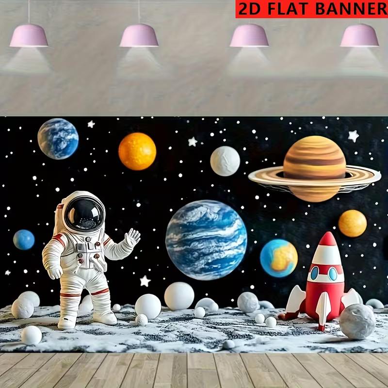 2D Outer Space Banner Astronaut On Moon with Planets and Rocket for Room Decoration