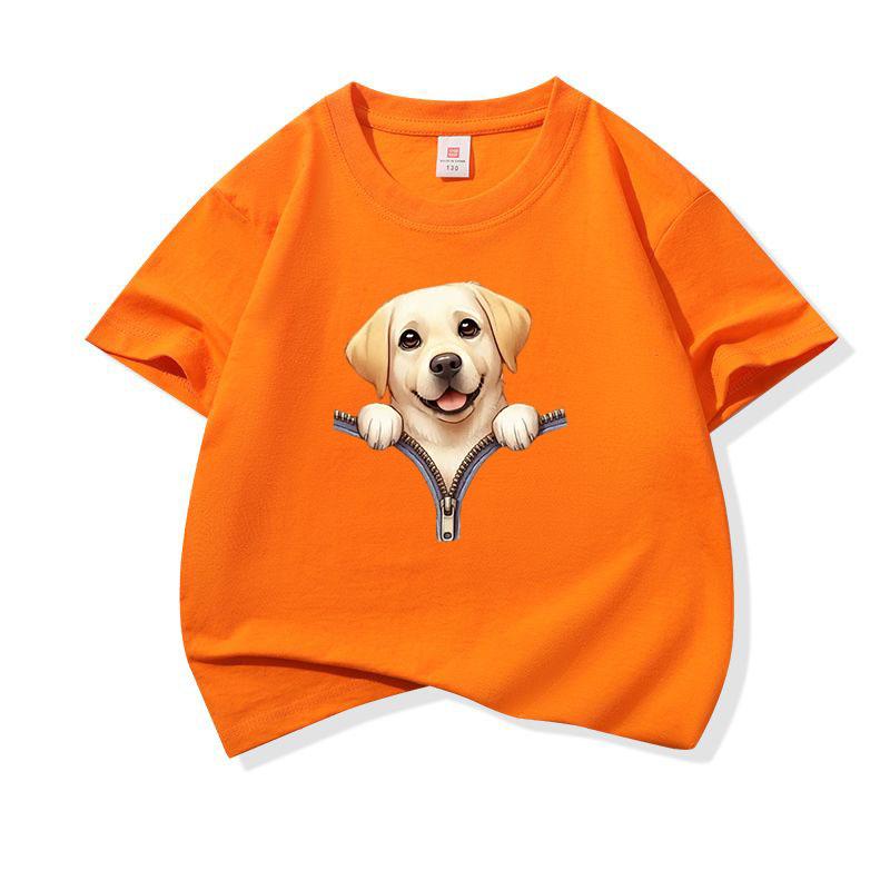 Kids Cotton T Shirt Cute Labrador Retriever Dog Zipper Print Crew Neck Short Sleeve Tee Casual Boys Girls Summer Tops