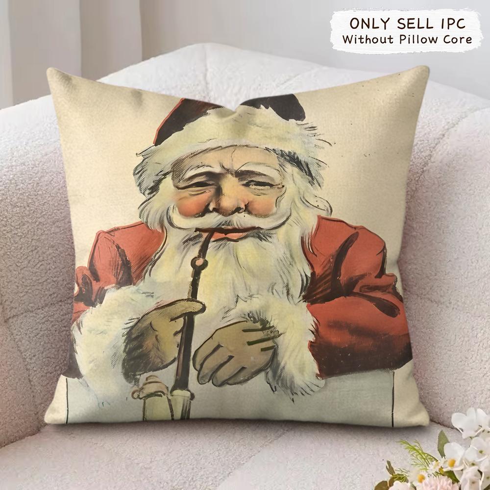 Retro Christmas Santa Claus Cushion Cover Silky Short Plush Invisible Zipper Dustproof Sofa Pillow Case For Home Decor