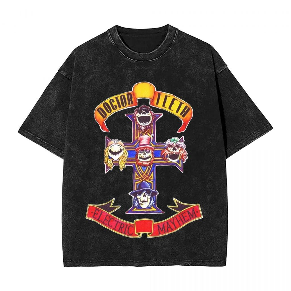 DrTeeth And The Elec woman Men Cotton Washed Hot stamping Print TShirt Harajuku Cotton Tshirt Mens Summer Short Sleeve Tees