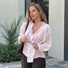 French cotton and linen shirt women's 1116 autumn design sense asymmetrical waist pink lapel shirt medium and long