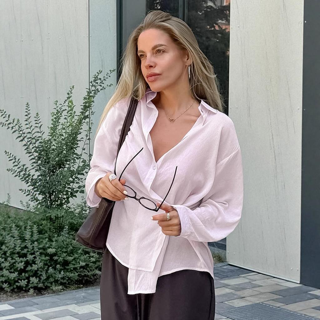 French cotton and linen shirt women's 1116 autumn design sense asymmetrical waist pink lapel shirt medium and long