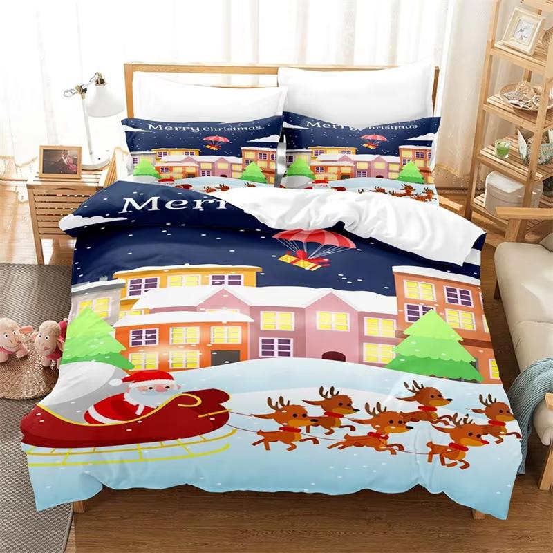 Comforter Christmas King Winter Theme Cartoon Bedding Set Microfiber Santa Claus Elk Carriage Comforter For Girl Boy
