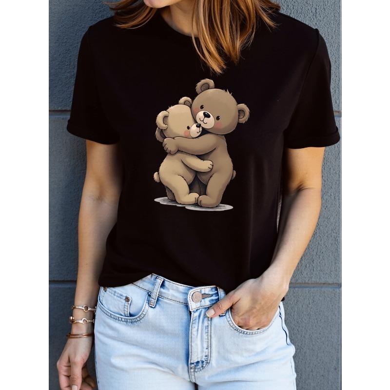 

European Size Cute Bear Print T-Shirt - Soft Breathable Quick-Dry Short Sleeve Top with Bear Face & Paw Print - Casual Summer Outdoor Wear 4XL