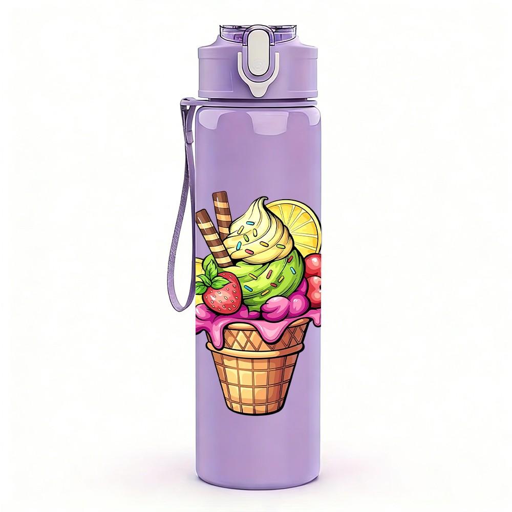 1PC Colorful Ice Cream Fruit Print 750ml Color Plastic Sports Water Bottle Leakproof Flip Straw Lid Suitable for Sports Office Home Use