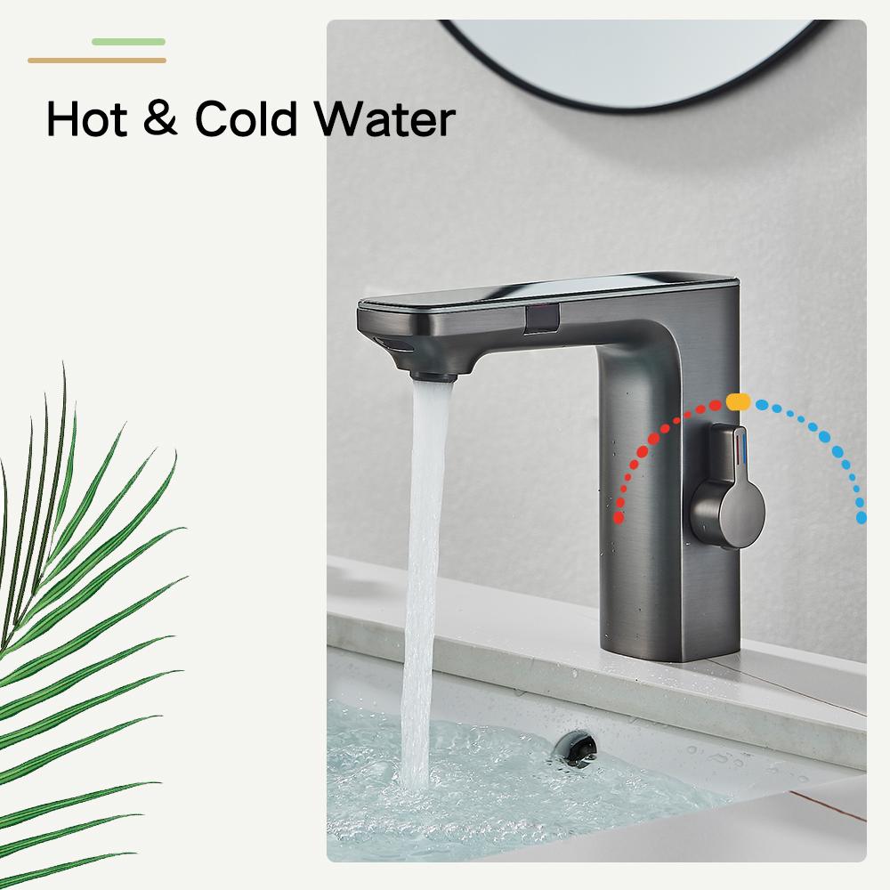 Touchless Sensor Basin Faucet Smart Digital Display Bathroom Sink Faucets Grey Brass Sense Hot Cold Water Mixer Tap Crane