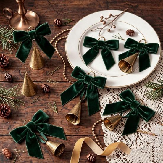 Holiday Party Hanging Ornaments 6 Pcs Velvet Bow with Bell Ornaments, Vintage Rustic Christmas Seasonal Decorative Decoration, Retro Jingle