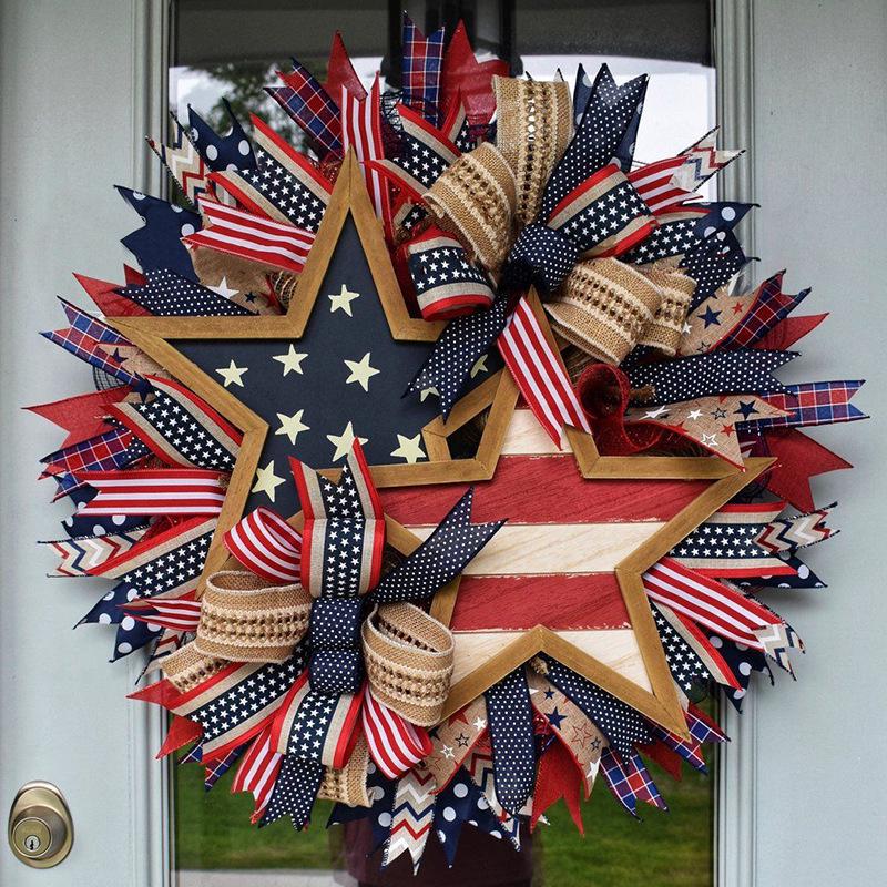 Patriotic Independence Day Wooden Door Wreath for Outdoor Home Decoration