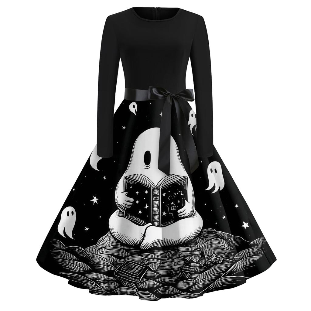 Womens Casual Halloween Print Vintage Style Dress Long Sleeve Round Neck A-Line Skirt Midi Length with Ribbon Waist Tie