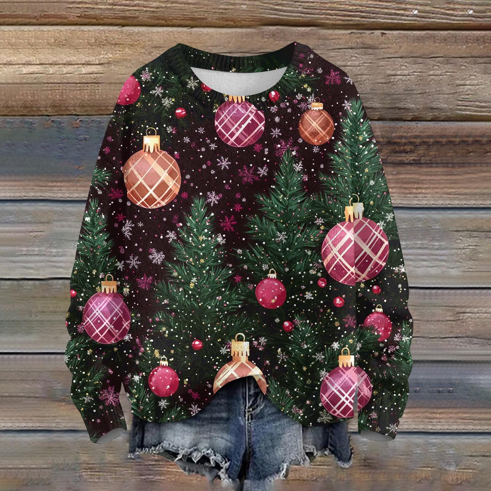 

Женская мода круглый вырез повседневный длинный рукав рождественский принт шерстяной трикотажный топ XXL