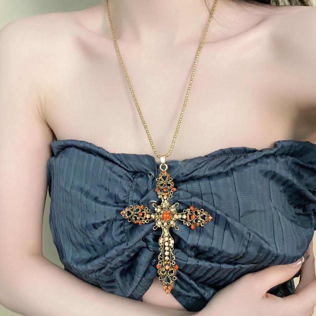 Dark rhinestone cross pendant sweater chain retro sweet cool style personality hip hop street men's and women's necklace collarbone chain