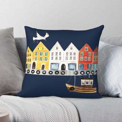 Bergen Norvège Aquarelle Carré Taie d'oreiller Polyester Lin Velours Imprimé Fermeture Éclair Taie d'oreiller Canapé Siège Housse de coussin Vente en gros