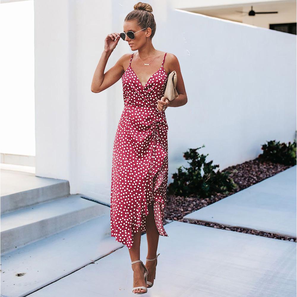 Tisk Středně dlouhý tečkovaný špagetový pásek Dámské šaty Sexy tenké volánky s výstřihem do V