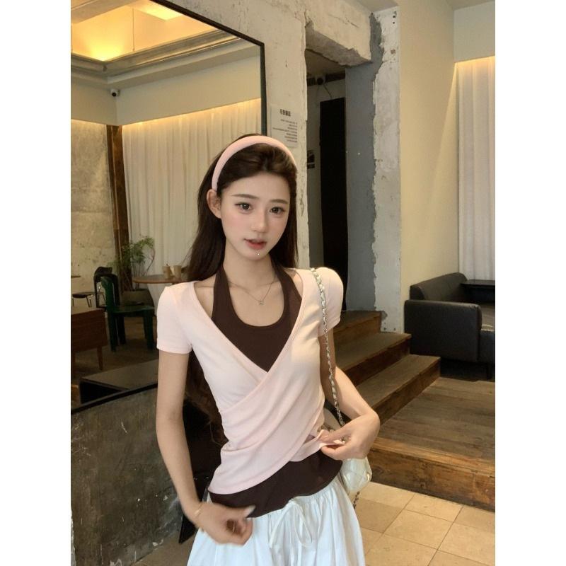 Contrasting color fake two-piece splicing neck-hanging short-sleeved T-shirt women's summer fashion spice girl style slim-fitting versatile foreign 