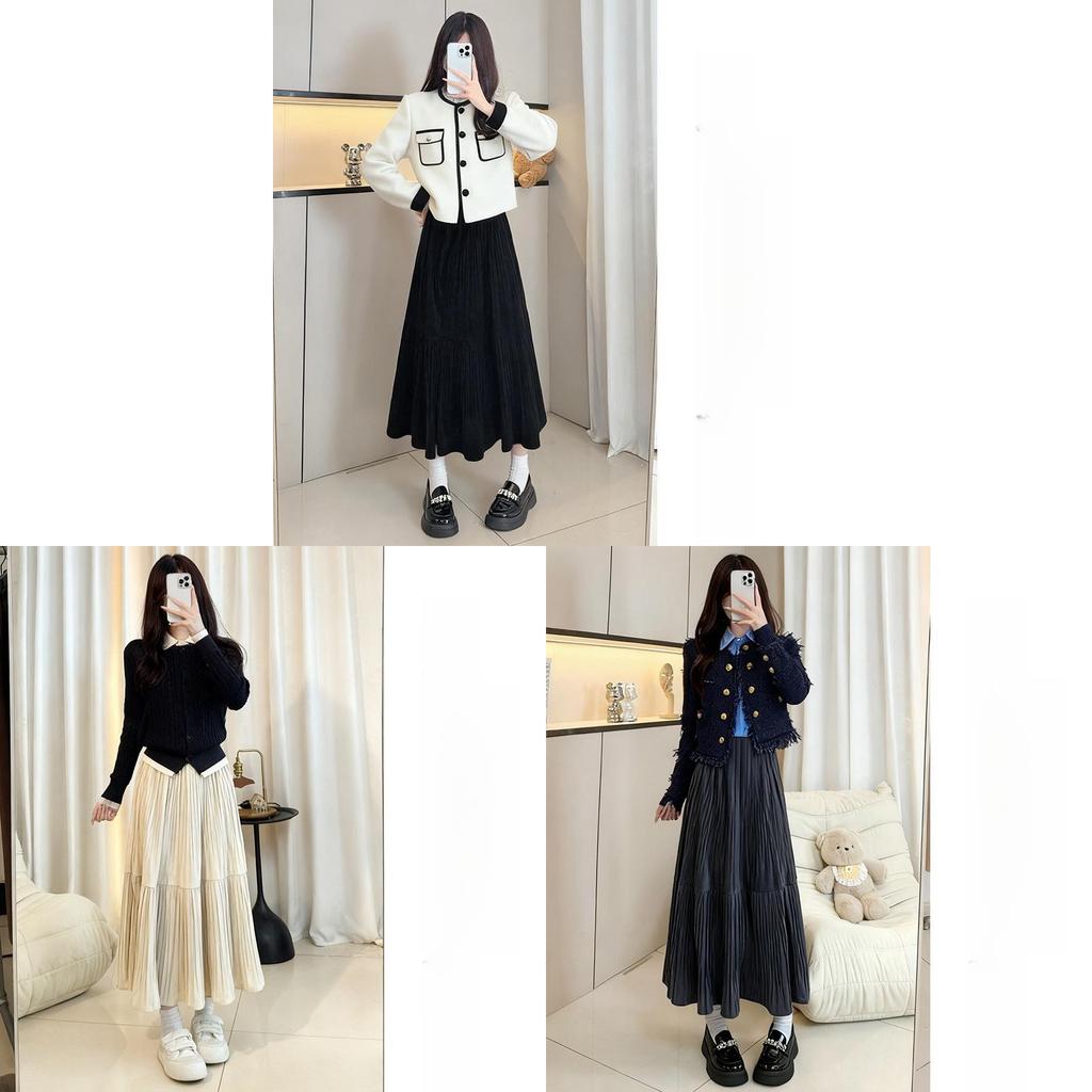 Golden Velvet Skirt With Pleated Design For Casual And Office Wear
