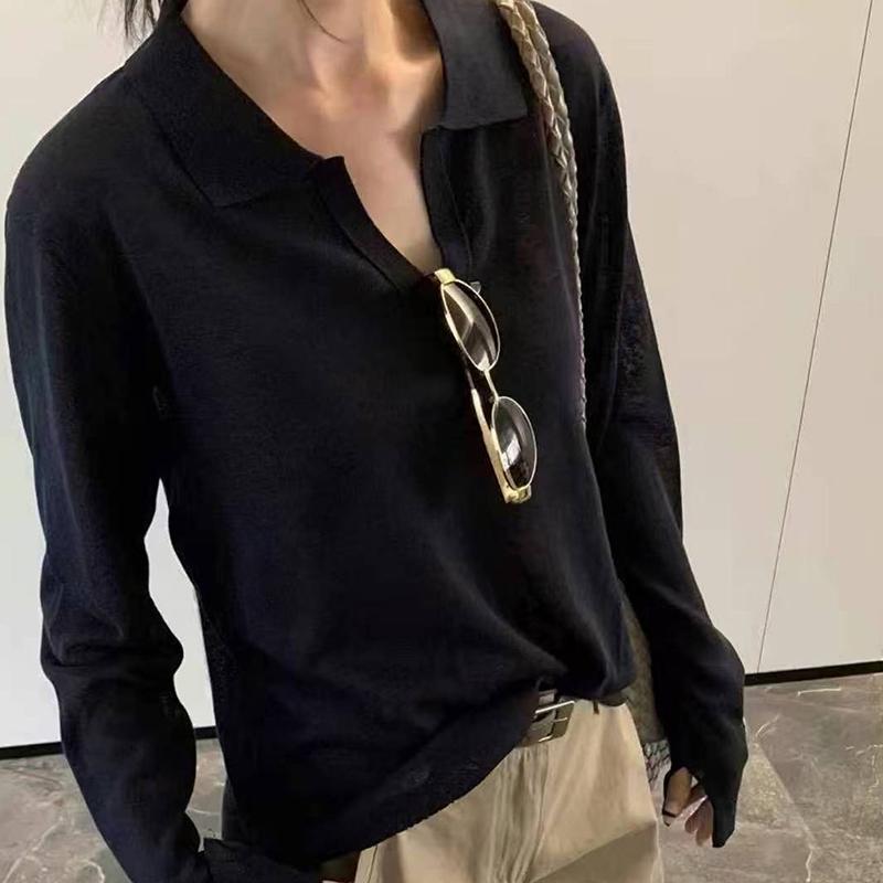 Korean Temperament Lapel Sweater Autumn Women Solid Color Long Sleeve Loose Versatile Knitted Top