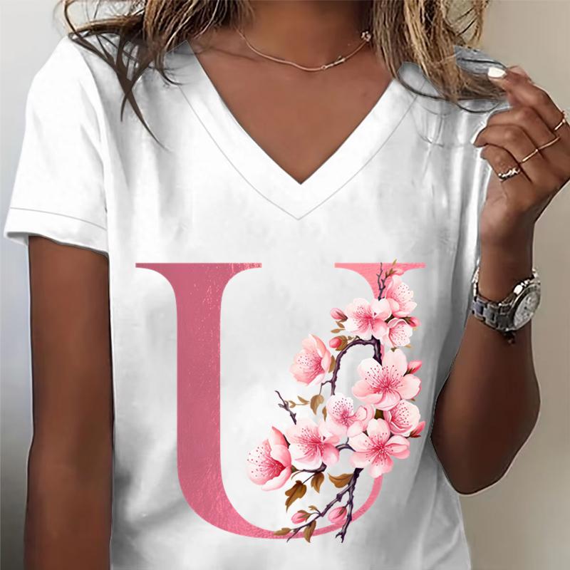Pink Sakura Alphabet Graphic T Shirts Unisex Az 26 Alphabet Pink Flower Cartoon Tshirts Cherry Blossom Letters C Casual Tops
