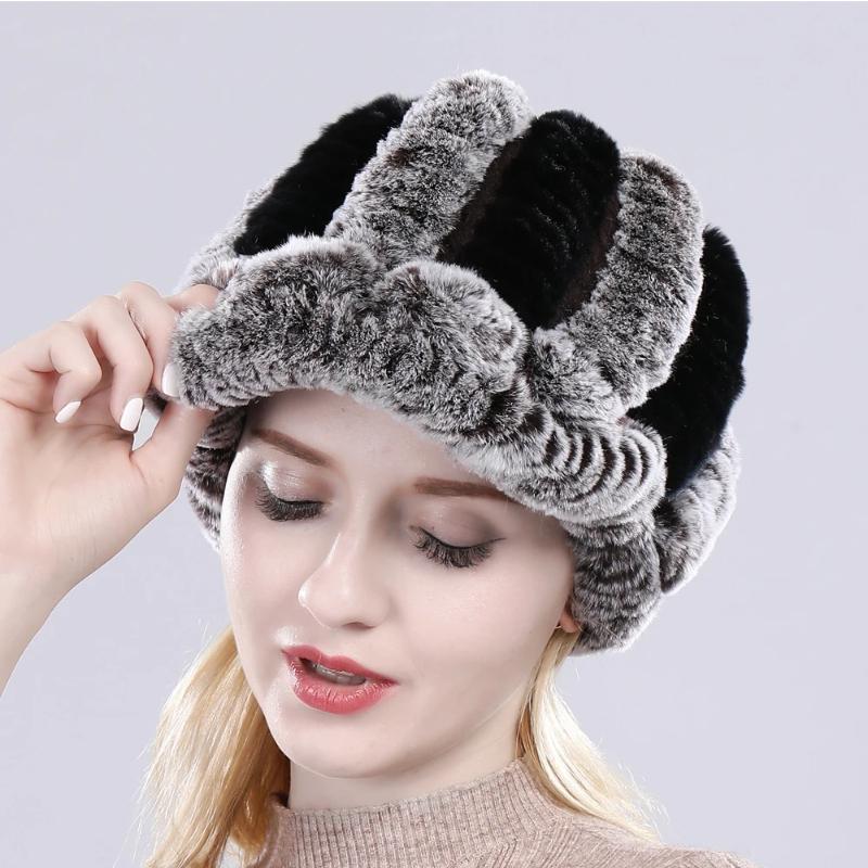 Lady Real Rex Rabbit Fur Hat Winter Knitted Natural Rex Rabbit Fur Caps Russia Women Warm Real Fur Beanies Hats