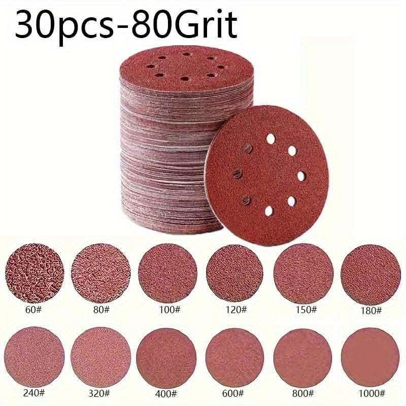 30PCS 5 inch (125mm) round sandpaper, 8-hole sanding sandpaper, 60/80/100 mesh, suitable for polishing