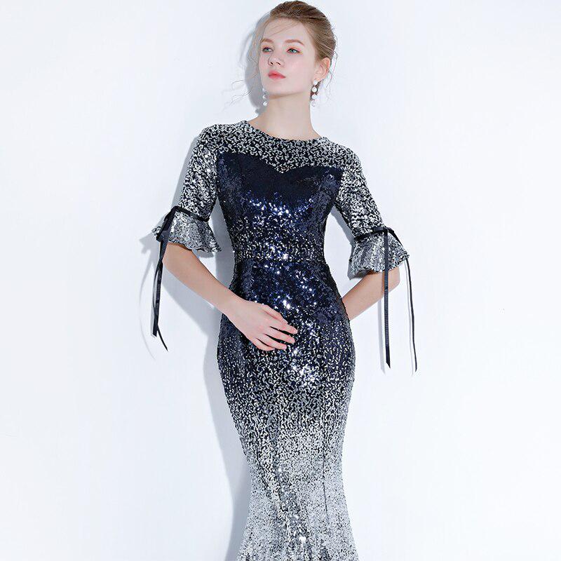 Azul marino Elegantes vestidos de noche Sirena Media mangas Longitud del  piso Contraste Color Prom Party Gown comprar a buen precio — entrega  gratuita, reseñas reales con fotos — Joom