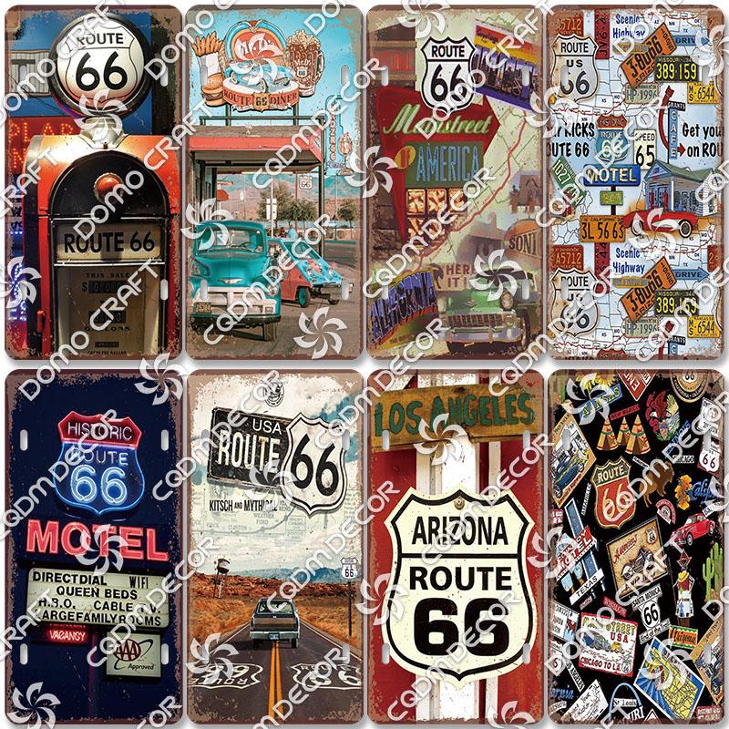Retro Route 66 License Metal Tin Signs Vintage Road Trip Car Metal Plate Garage Club Gas Station Car Wall Decor