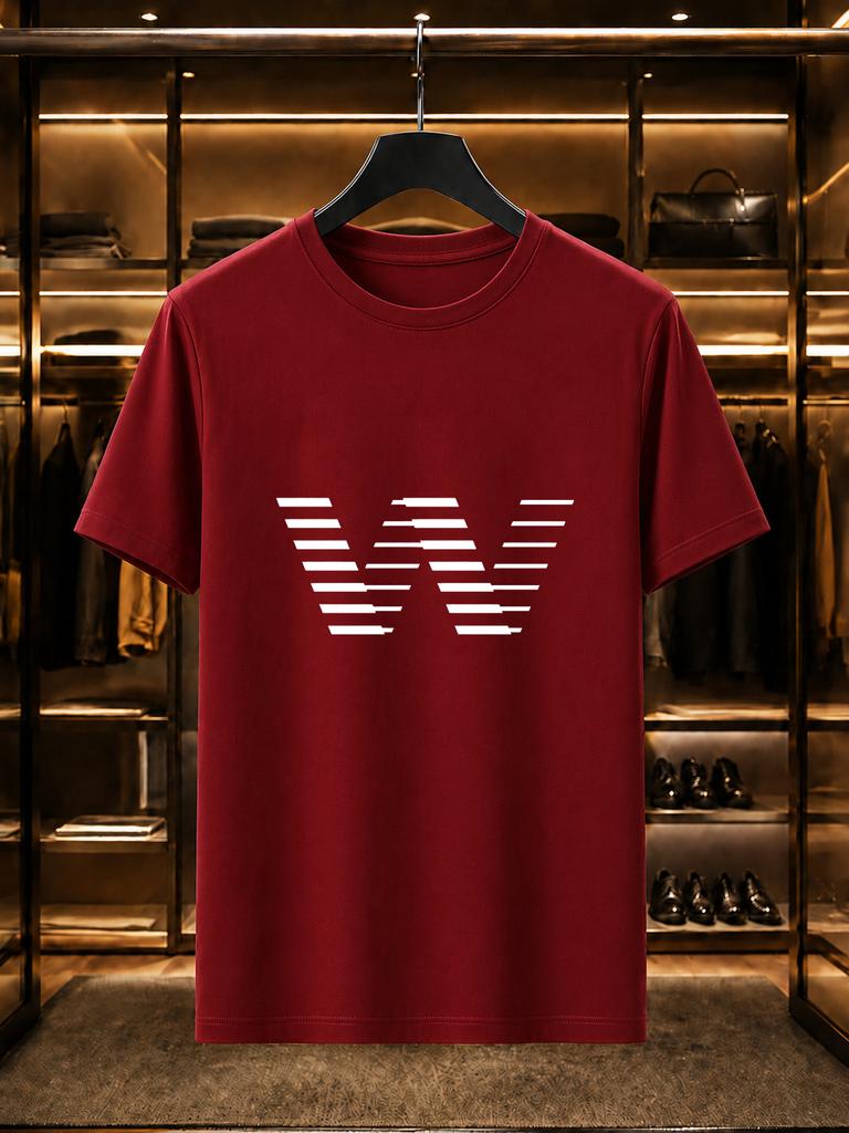 2026 New Arrival 100 Cotton Tshirt Strip Splicing Creative Big W Letter Minimal Print Crew Neck Casual Short Sleeve