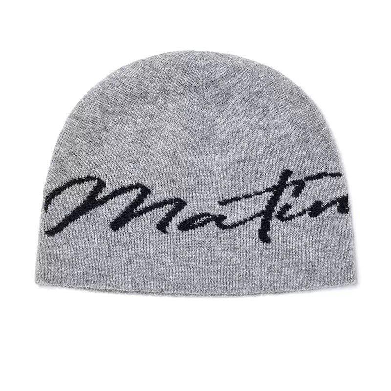 Matin Kim Letter Knit Beanie Hat Unisex Streetwear Winter Cap Men Women Trendy Korean Fashion Cold Weather Accessory