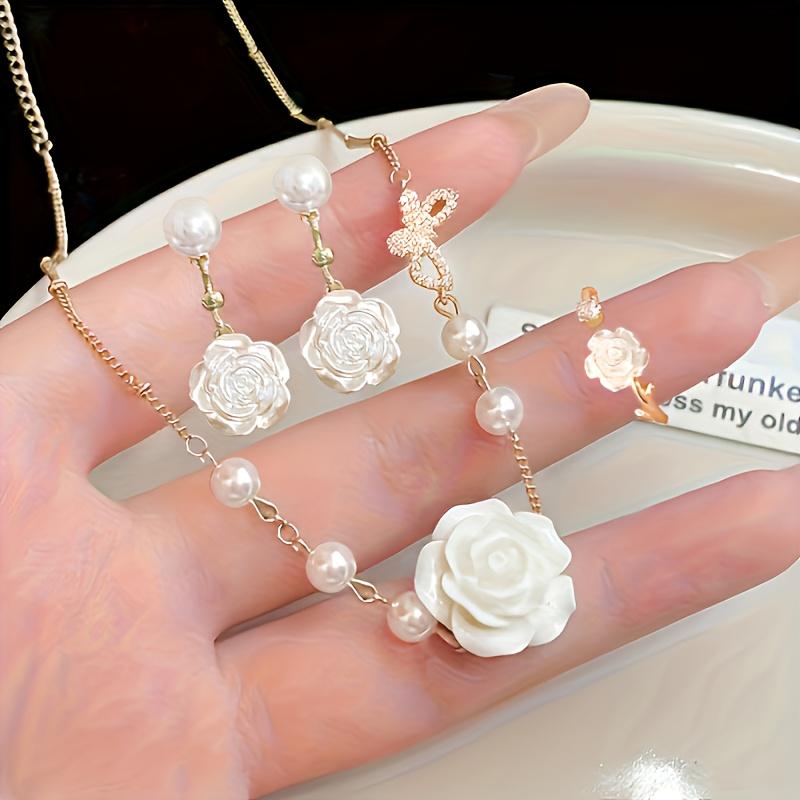 Exquisite pastoral-style design white camellia pendant necklace, bracelet, ring, and earrings women s fashion jewelry set gold of them