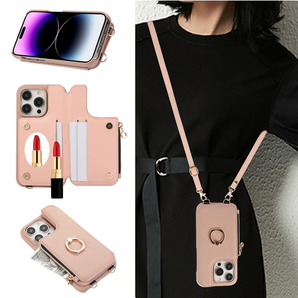 Ring Holder Crossbody Zipper Cards Solt Wallet Leather Case For iPhone 15 Pro Max 14 Plus 13 12 11 SE 2022 Makeup Mirror Cover