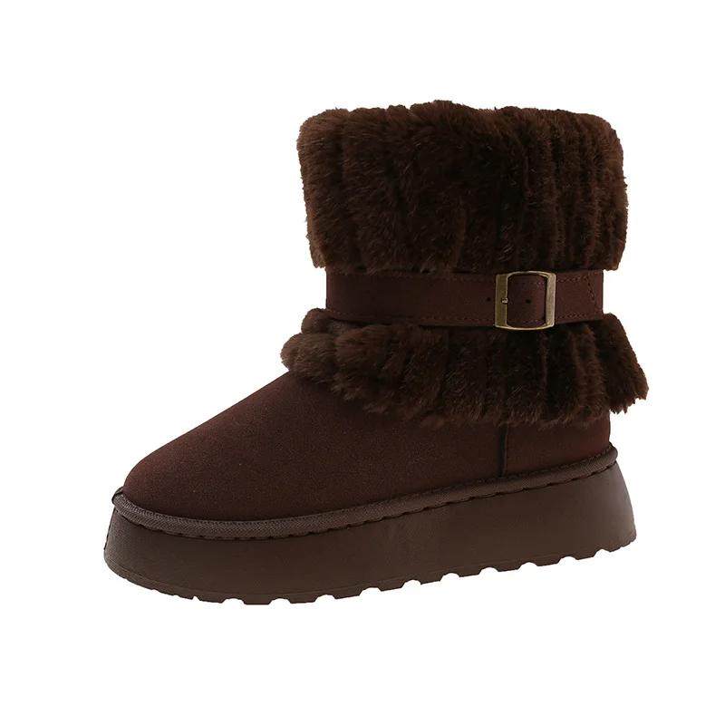 Winter Thick Sole Tubular Short Fur Snow Boots Women Mid-Calf Spliced 43 Size Boots Korean Style round Toe Rubber Outsole