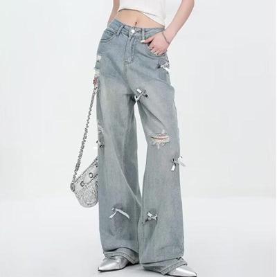 Bow Ripped Jeans for Women High Waist Straight Pants Loose Wide Legs Denim Trousers Vintage Y2k Clothing Trendy Plus Size