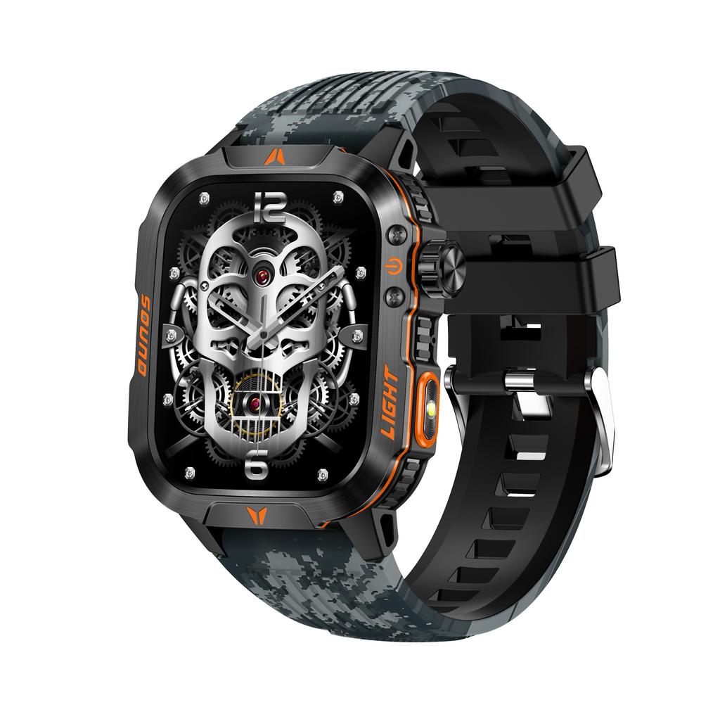 Smartwatch QTLLBT połączenie Bluetooth Latarka IP68 wodoodporny, zegarek wojskowy 100+ trybów sportowych Wykrywanie snu, tętna, tlenu we krwi