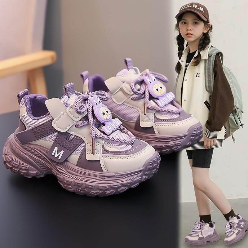 Girls Lightweight Running Sneakers Kids Soft Sole Casual Dad Shoes In Black Purple Mesh Upper