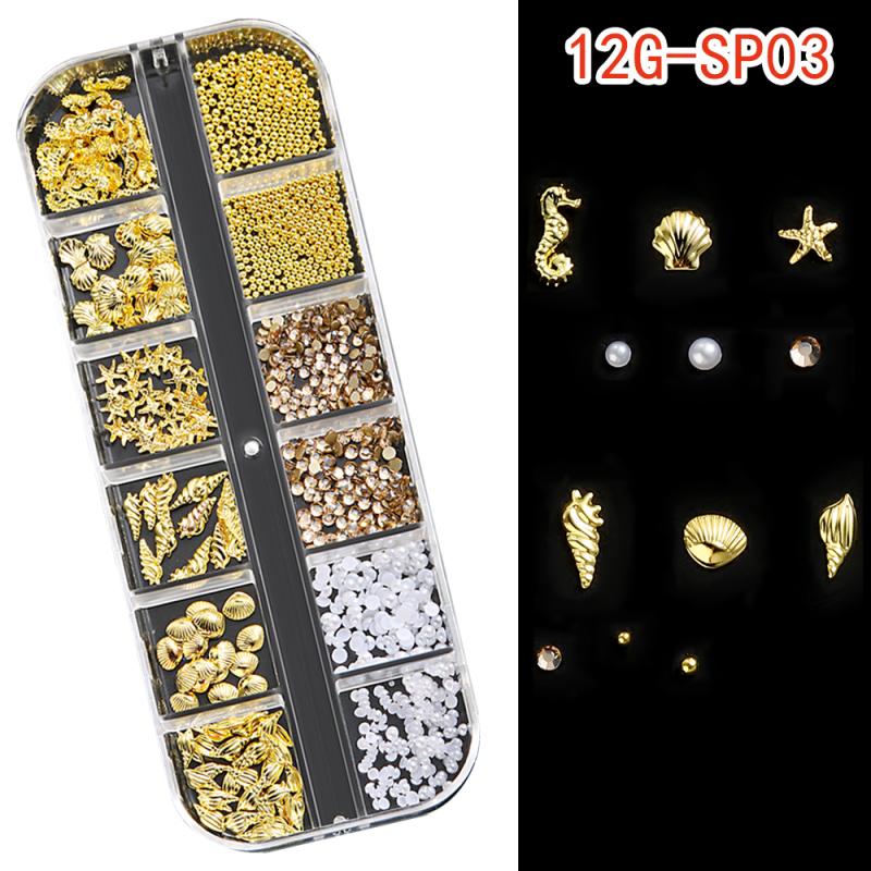 1 Box Metal Summer Ocean Nail Art Charms 3D Shell Starfish Seahorse Pearl Beads Alloy Nail Jewelry Mixed Manicure Studs Decor