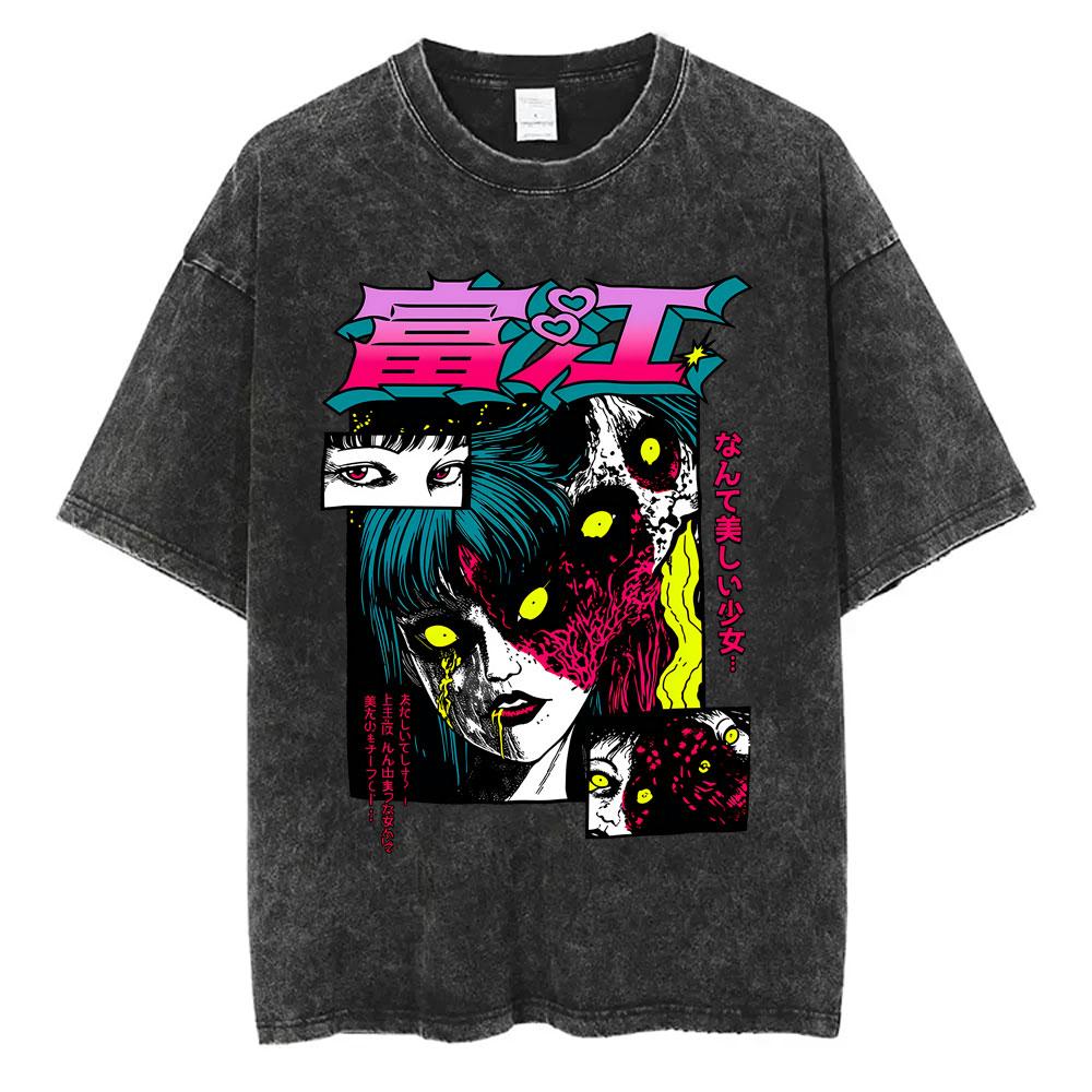 Anime Tomie Junji Ito Vintage Washed T-shirt Men Women Manga Horror Gothic Rock T Shirts Male Retro High Quality Cotton T-shirts