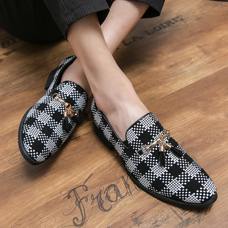 Męskie Casualowe Skórzane Buty w Kratkę z Frędzlami - Koreański Styl, Oddychające, Szpiczasty Wzór na Wiosnę i Jesień 2022