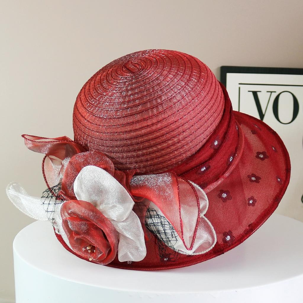 Fashion Hat Women Top Hat Elegant Organza Flower Wide Brim Sun Hat for Women Retro Style Party Banquet Accessory Foldable Beach