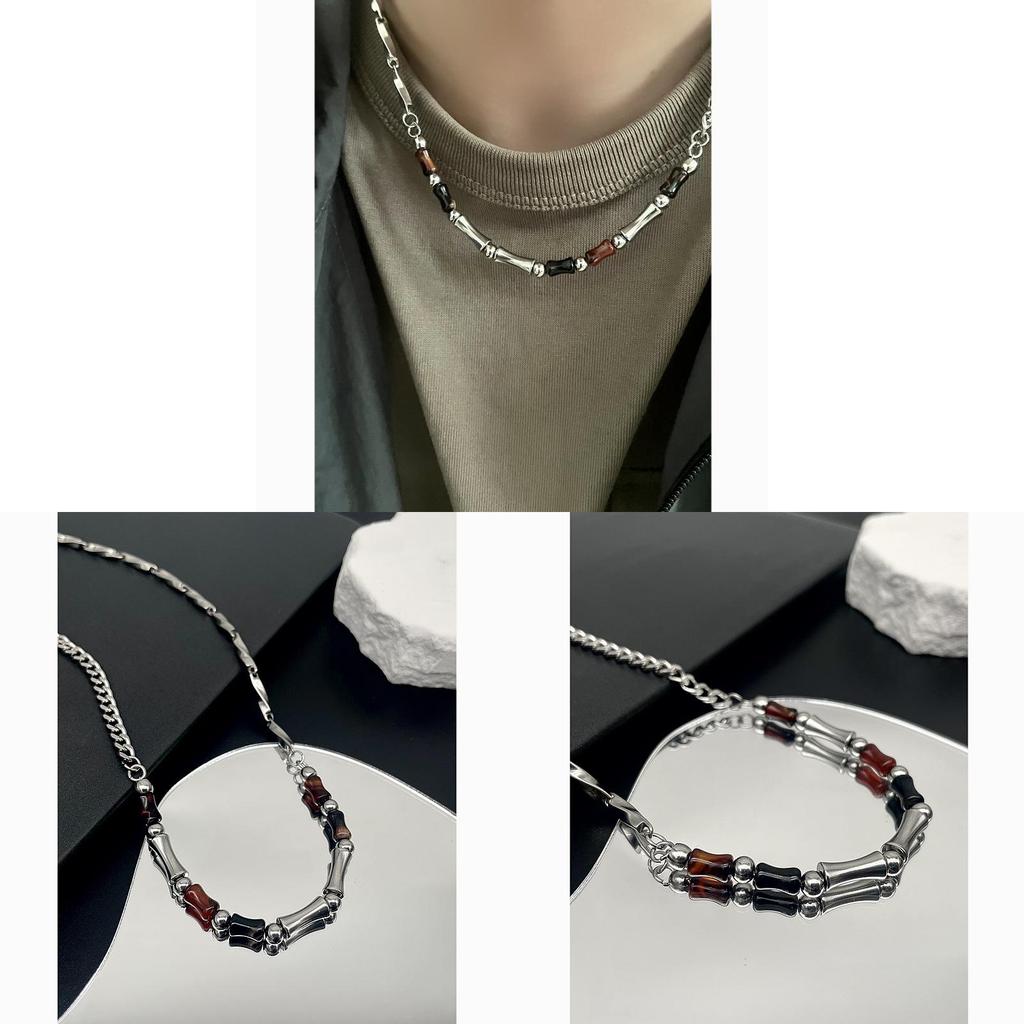Geometric Beaded Agate Necklace With Steel Chain For Women And Men