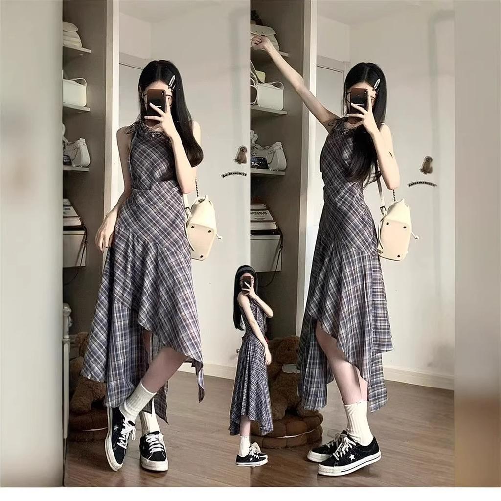 Retro Plaid Dress Women's Summer Temperament Waist Vest Skirt Design Sense Niche Irregular A-shaped Skirt Long Skirt