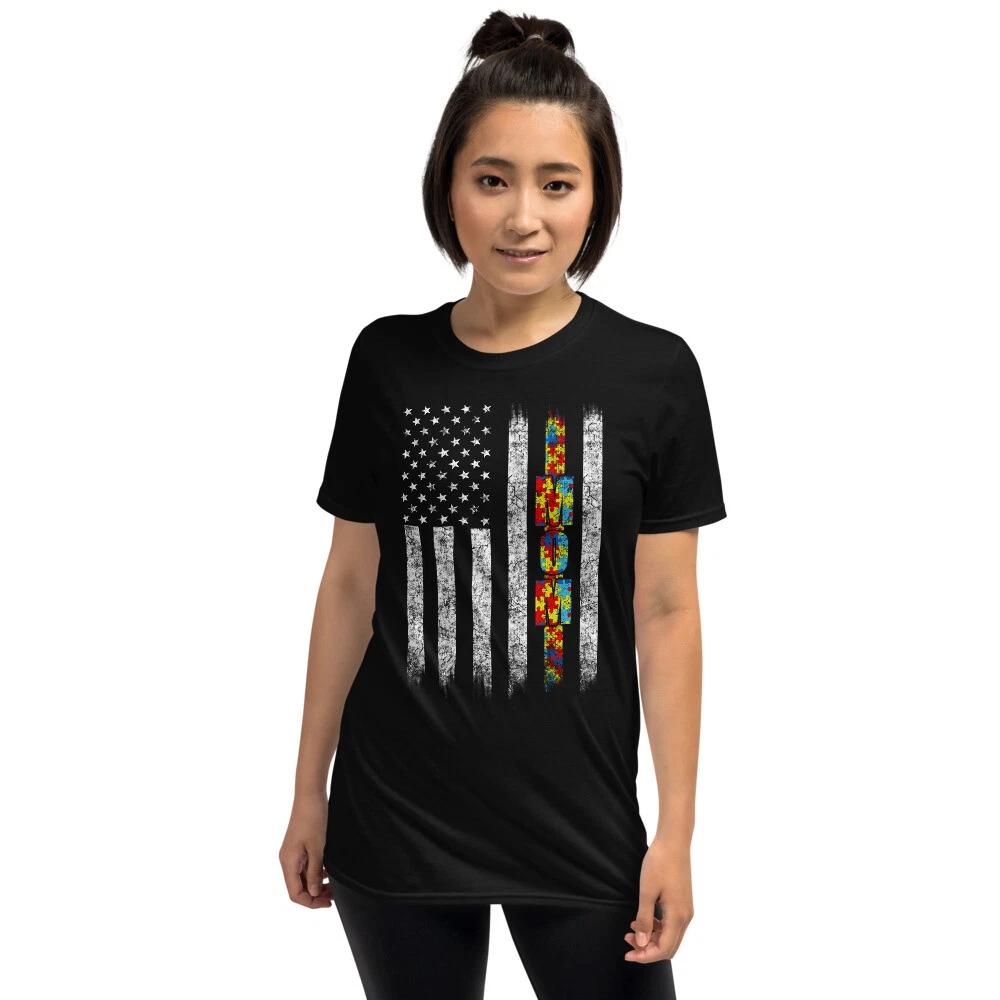 

Autism Awareness American Flag Autism Mom Distressed Short-Sleeve Unisex T-Shirt 2XL