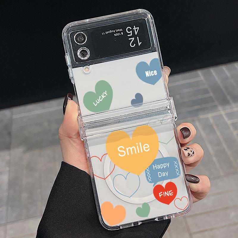 3PCS Foldable Shockproof Case for Samsung Z Flip6 Flip5 Flip4 for Magsafe Magnetic Colorful Love Hearts Pattern Clear Hard Pc Slim Case Cover