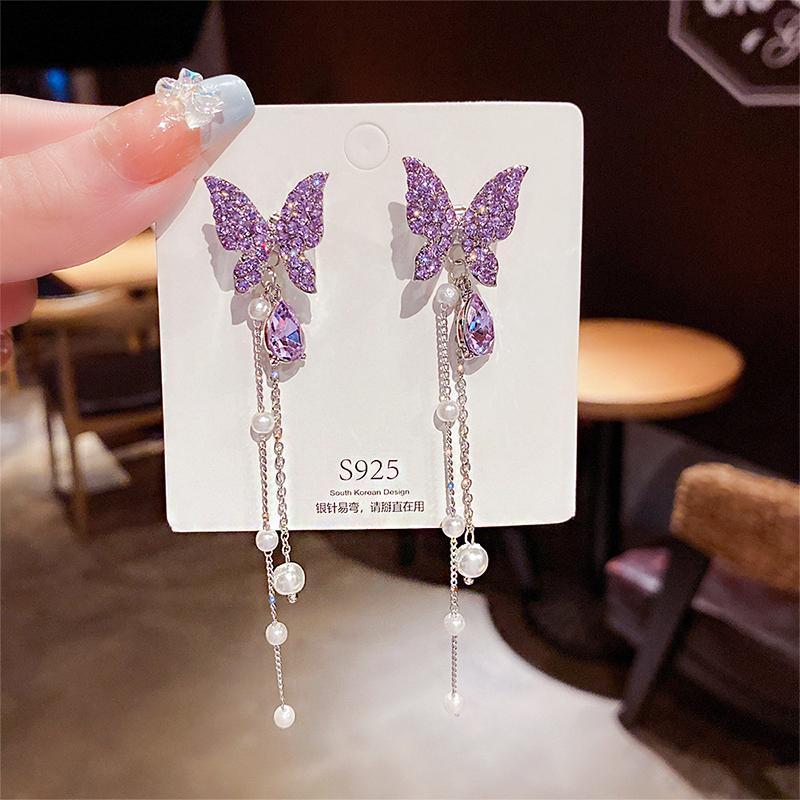 Purple Butterfly Drop Earring For Women Pearl Tassel Chain Earring Jewelry Pendientes